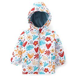 Babyhug Full Sleeves Hooded Front Zipper Padded Winter Wear Suit With Floral & Hearts Print - Multicolor
