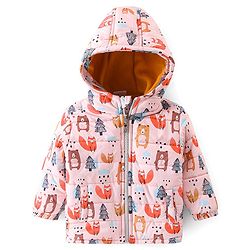 Babyhug Woven Full Sleeves Hooded Winter Wear Suit With Animals Print - Peach