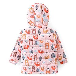 Babyhug Woven Full Sleeves Hooded Winter Wear Suit With Animals Print - Peach
