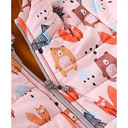 Babyhug Woven Full Sleeves Hooded Winter Wear Suit With Animals Print - Peach
