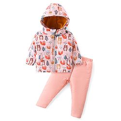 Babyhug Woven Full Sleeves Hooded Winter Wear Suit With Animals Print - Peach