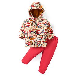 Babyhug Full Sleeves Hooded Winter Wear Suit With Vehicles Print - Mustard