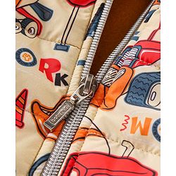 Babyhug Full Sleeves Hooded Winter Wear Suit With Vehicles Print - Mustard