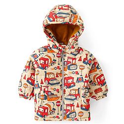 Babyhug Full Sleeves Hooded Winter Wear Suit With Vehicles Print - Mustard