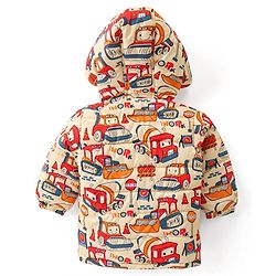 Babyhug Full Sleeves Hooded Winter Wear Suit With Vehicles Print - Mustard