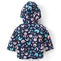 Babyhug Full Sleeves Hooded Front Zipper Padded Winter Wear Suit With Animals Print - Navy Blue