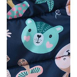 Babyhug Full Sleeves Hooded Front Zipper Padded Winter Wear Suit With Animals Print - Navy Blue