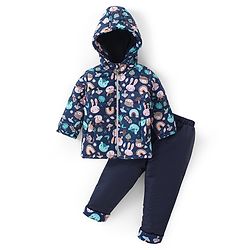 Babyhug Full Sleeves Hooded Front Zipper Padded Winter Wear Suit With Animals Print - Navy Blue