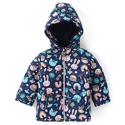 Babyhug Full Sleeves Hooded Front Zipper Padded Winter Wear Suit With Animals Print - Navy Blue
