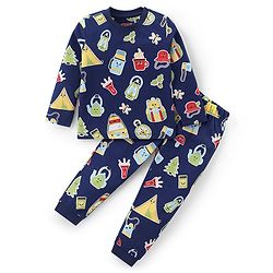 Babyhug Cotton Knit Full Sleeves Night Suit with Cartoon Print - Navy Blue