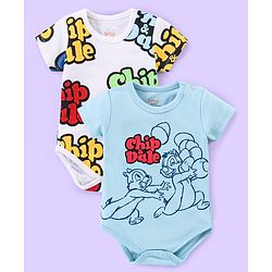 Babyhug Disney Interlock Knit Half Sleeves Onesies With Chip'n Dale Graphics Pack of 2 - White & Sky Blue
