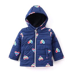 Babyhug Full Sleeves Padded Jacket with Hood Hearts Print - Navy Blue