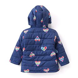 Babyhug Full Sleeves Padded Jacket with Hood Hearts Print - Navy Blue