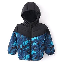 Babyhug Full Sleeves Padded Jacket with Hood Whale Print - Blue