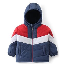 Babyhug Woven Full Sleeves Color Block Padded Hooded Jacket- Red & Navy Blue