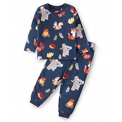 Babyhug Cotton Knit Full Sleeves Night Suit with Animal Print - Navy Blue