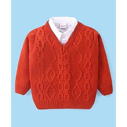 Babyhug Knitted Full Sleeves Collar Neck Pullover Sweater With Cable Knit Design - Rust