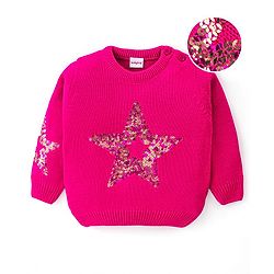 Babyhug Knitted Full Sleeves Pullover Sweater with Sequin Star Design - Fuchsia
