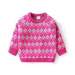 Babyhug Knitted Full Raglan Sleeves Pullovers Sweater With Argyle Design - Pink