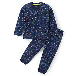 Babyhug Cotton Knit Full Sleeves Night Suit with Dino Print - Navy Blue
