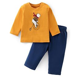 Babyhug Cotton Knit Full Sleeves T-Shirt & Lounge Pants Set With Bear Print - Mustard & Blue