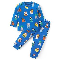 Babyhug Cotton Knit Full Sleeves Night Suit with Animal Print - Blue
