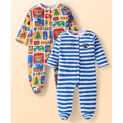Babyhug Cotton Knit Full Sleeves Sleep Suits Striped & Bear Print Pack of 2 - Yellow & Blue