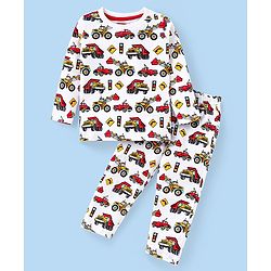 Babyhug Cotton Knit Full Sleeves Night Suit with Construction Vehicles Print- White