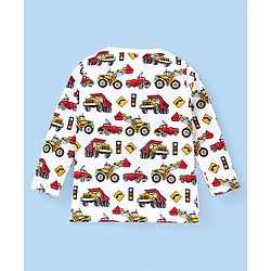 Babyhug Cotton Knit Full Sleeves Night Suit with Construction Vehicles Print- White