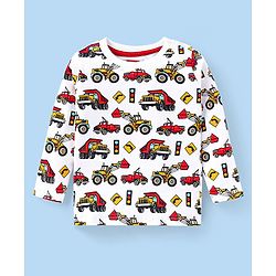 Babyhug Cotton Knit Full Sleeves Night Suit with Construction Vehicles Print- White
