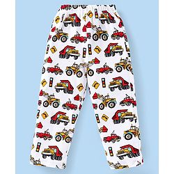 Babyhug Cotton Knit Full Sleeves Night Suit with Construction Vehicles Print- White