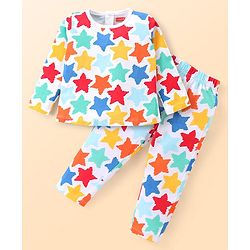Babyhug Cotton Knit Full Sleeves Night Suit With Stars Print - Off White