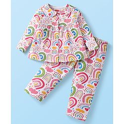 Babyhug Cotton Knit Full Sleeves Peter Pan Collared Night Suit With Rainbow Theme  Print - Pink & White