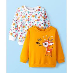 Babyhug Cotton Knit Full Sleeves Sweat Shirts with Floral & Deer Graphics Pack of 2 - White & Orange