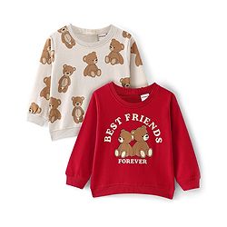 Babyhug Cotton Knit Full Sleeves Sweatshirts with Text & Bear Graphics Pack of 2 - Red & White