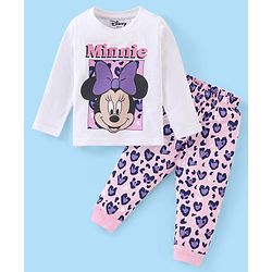 Babyhug Disney Single Jersey Knit Full Sleeves Night Suit with Minnie Mouse Graphics - White & Purple