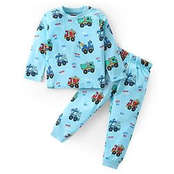 Babyhug Cotton Knit Full Sleeves Night Suit With Vehicles Print - Sky Blue