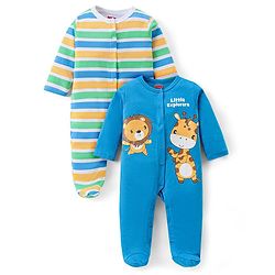 Babyhug Cotton Knit Full Sleeves Sleep Suits With Stripes & Animals Print Pack Of 2 - Green & Blue