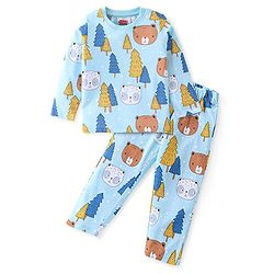Babyhug Cotton Knit Full Sleeves Night Suit with Teddy Bear Print - Blue