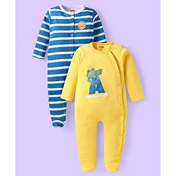 Babyhug Cotton Knit Full Sleeves Sleep Suits Striped & Lion Print Pack of 2 - Yellow & Blue