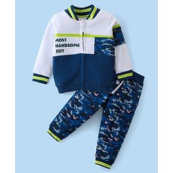 Babyhug Single Jersey Knit Full Sleeves Cut & Sew Design T-Shirt  & Lounge Pants Set Camouflage & Text Print - White & Navy