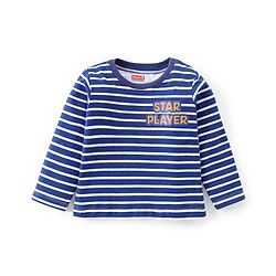 Babyhug Cotton Knit Full Sleeves Striped T-Shirt With Text Print - Navy