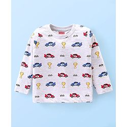 Babyhug Cotton Knit Full Sleeves T-Shirt With Car & Trophy Graphics - Grey