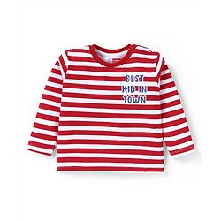 Babyhug Cotton Knit Full Sleeves Striped T-Shirt with Text Print - Red & White