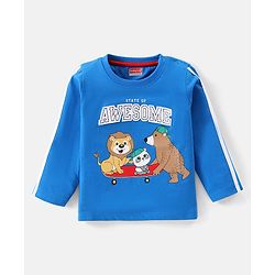 Babyhug Cotton Knit Full Sleeves Animal & Text Printed T-Shirt - Blue