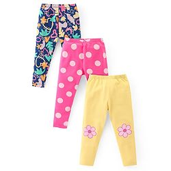 Babyhug Cotton Lycra Knit Full Length Stretchable Leggings with Polka Dots & Floral Print Pack of 3 - Multicolour