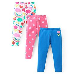 Babyhug Cotton Lycra Knit Full Length Stretchable Leggings with Floral Print Pack of 3 - Multicolour
