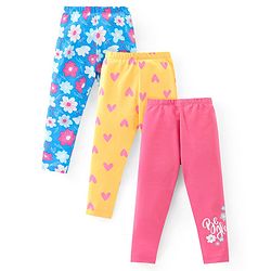 Babyhug Cotton Lycra Knit Full Length Stretchable Leggings with Floral & Heart Print Pack of 3 - Multicolour