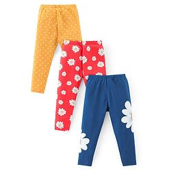 Babyhug Cotton Lycra Knit Full Length Stretchable Leggings with Floral & Polka Dots Print Pack of 3 - Multicolour
