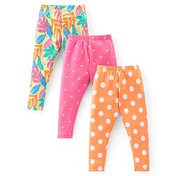 Babyhug Cotton Lycra Knit Full Length Stretchable  Leggings with Floral & Polka Dots Print Pack of 3 - Multicolour